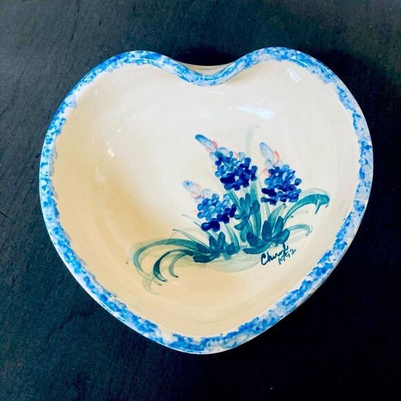 Texas Bluebonnet Marshall Pottery Heart Shape Ceramic Bowl Dish - Picture 1 of 5